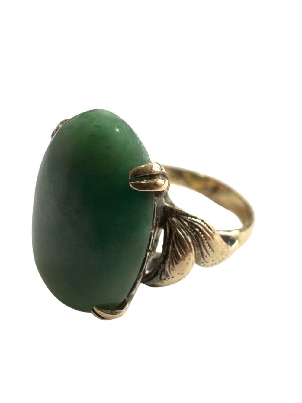 Vintage 14K Gold Ring With Green Jade Oval Cabochon Stone Size 7 - Picture 2 of 8